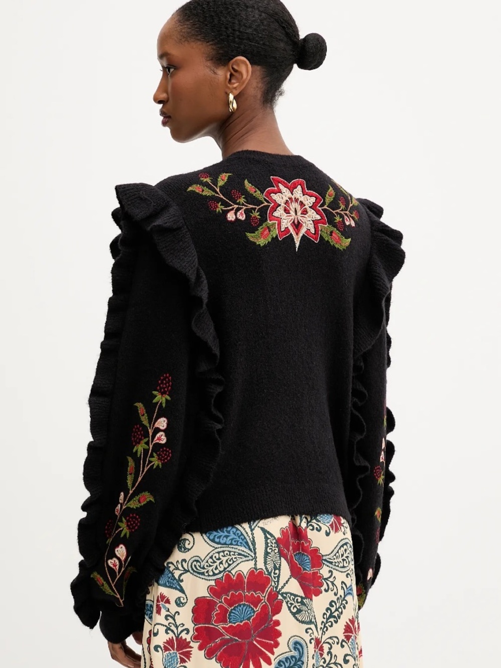 Farm Rio Berry Embroidered Ruffle Cardigan Black Medium NEW - Picture 3 of 16